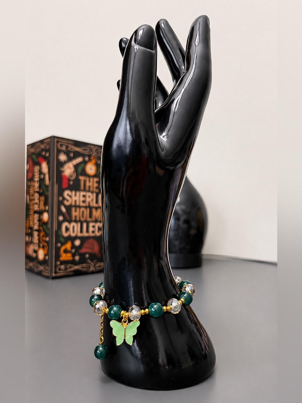 Dark Green Butterfly Charm Beaded Stretch Bracelet Gold Tone Jewelry Gift